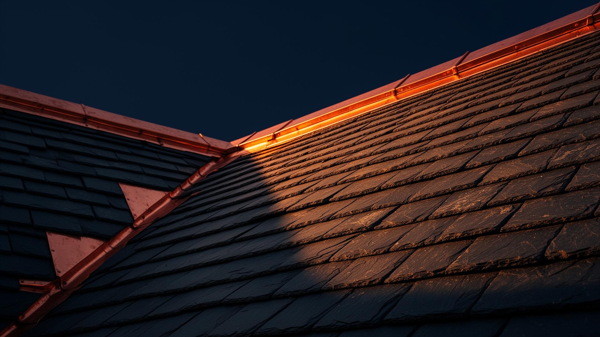 Slate roof with copper ridge at golden hour